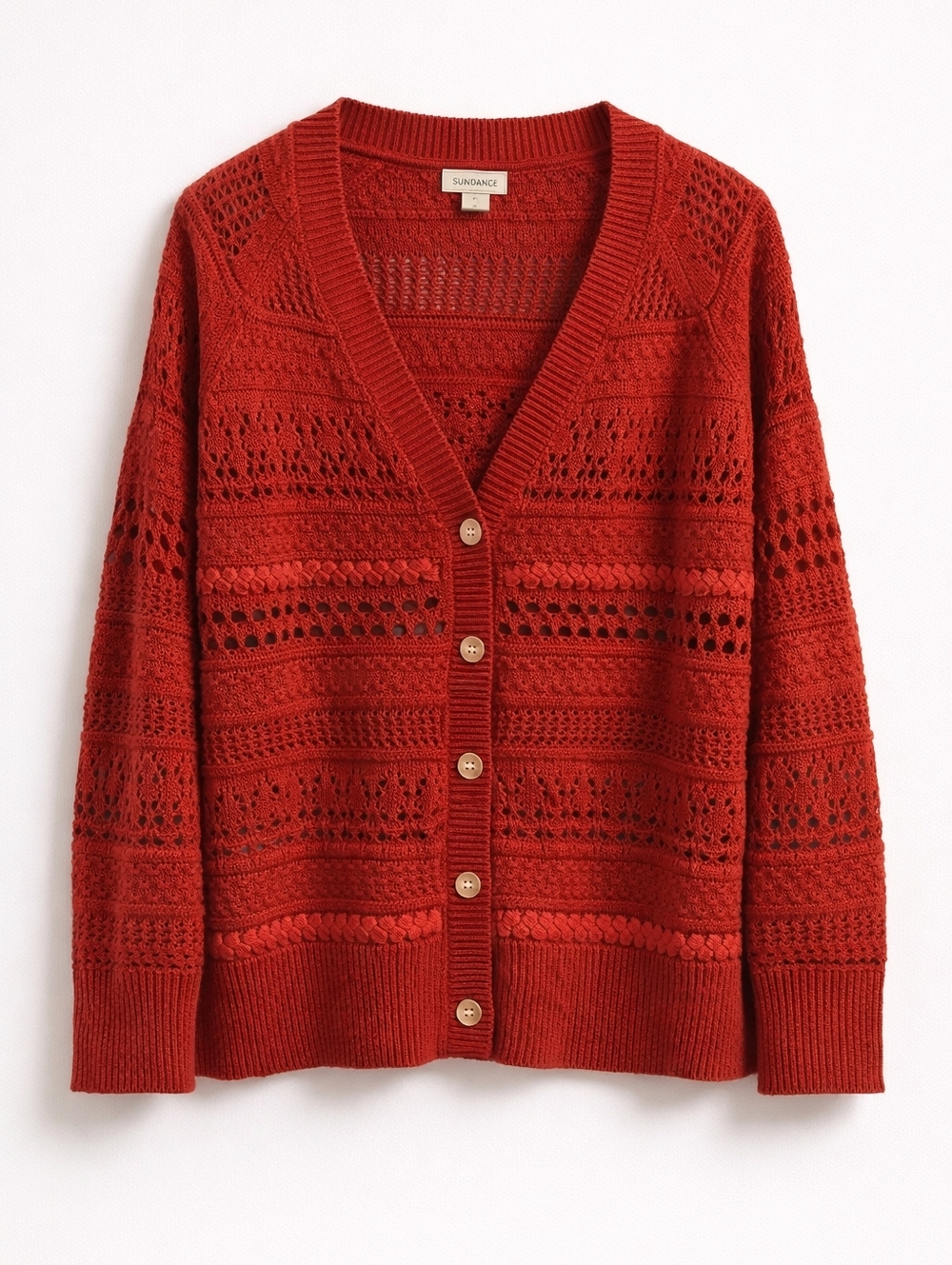 Sundance Red Open Knit  Crochet Cardigan, L, Lightweight, Transitional, Summer